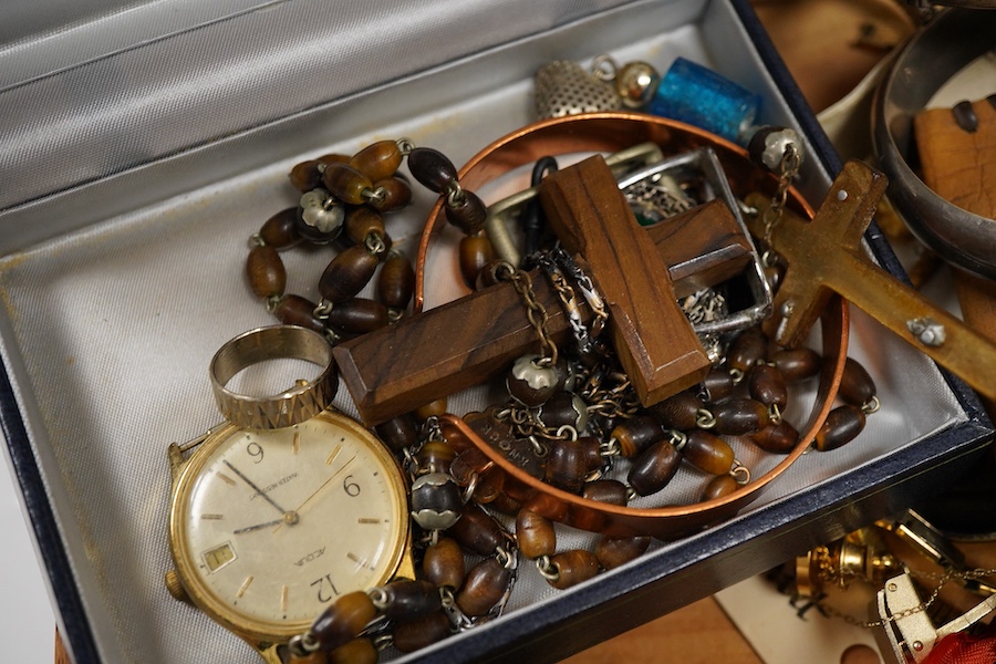 A small group of assorted mainly costume jewellery and wrist watches, including two silver hinged bangles, green enamel necklace and BMW quartz chronograph wrist watch.